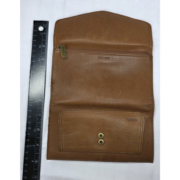 Vintage Fossil Leather Trifold Wallet Camel Brown With Checkbook Cover Slim - Picture 10 of 15